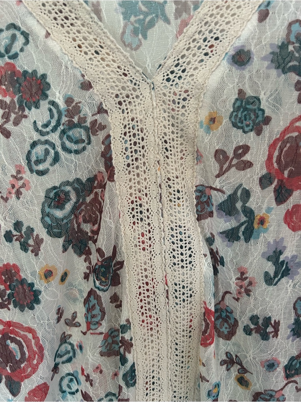 Democracy Floral Crochet-Trim V-Neck Top in Cream and Multicolor - Picture 2 of 4